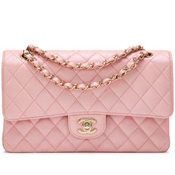 Iridescent Pink Quilted Caviar Medium Classic Double Flap Bag Light Gold Hardware